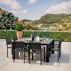 Set pranzo antracite con tavolo 160x160 cm e 8 sedie con braccioli in alluminio a doghe - Carioca