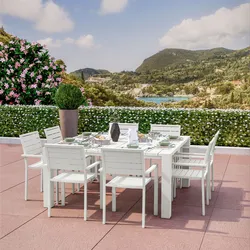 Set pranzo bianco con tavolo 160x160 cm e 8 sedie con braccioli in alluminio a doghe - Carioca