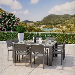 Set pranzo tortora con tavolo 160x160 cm e 8 sedie con braccioli in alluminio a doghe - Carioca