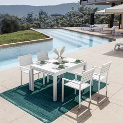 Set pranzo bianco con tavolo 135/270x90 cm e 4 sedie con braccioli in alluminio a doghe - Carioca