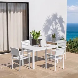 Set pranzo bianco con tavolo 140/210x77 cm e 4 sedie con braccioli in alluminio a doghe - Carioca