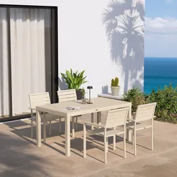 Set pranzo vaniglia con tavolo 160/240x90 cm e 4 sedie con braccioli in alluminio a doghe - Carioca