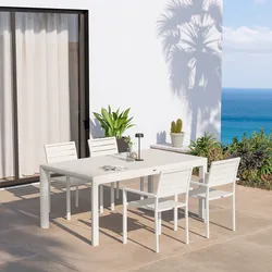 Set pranzo bianco con tavolo 180/240x100 cm e 4 sedie con braccioli in alluminio a doghe - Carioca