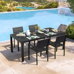 Set pranzo antracite con tavolo 200/313x100 cm e 4 sedie con braccioli in alluminio a doghe - Carioca