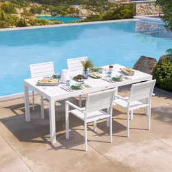 Set pranzo bianco con tavolo 200/313x100 cm e 4 sedie con braccioli in alluminio a doghe - Carioca