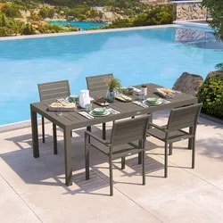 Set pranzo tortora con tavolo 200/313x100 cm e 4 sedie con braccioli in alluminio a doghe - Carioca