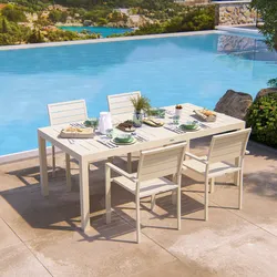 Set pranzo vaniglia con tavolo 200/313x100 cm e 4 sedie con braccioli in alluminio a doghe - Carioca