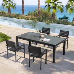Set pranzo antracite con tavolo 200/300x100 cm top vetro e 4 sedie con braccioli in alluminio a doghe - Carioca