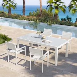 Set pranzo bianco con tavolo 200/300x100 cm top vetro e 4 sedie con braccioli in alluminio a doghe - Carioca