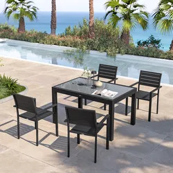 Set pranzo antracite con tavolo 135/270x90 cm top vetro e 4 sedie con braccioli in alluminio a doghe - Carioca