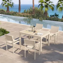 Set pranzo vaniglia con tavolo 135/270x90 cm top vetro e 4 sedie con braccioli in alluminio a doghe - Carioca