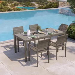 Set pranzo tortora con tavolo 180/240x90 cm top vetro e 4 sedie con braccioli in alluminio a doghe - Carioca