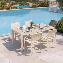 Set pranzo vaniglia con tavolo 180/240x90 cm top vetro e 4 sedie con braccioli in alluminio a doghe - Carioca