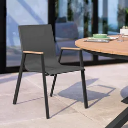 Sedia da esterno con braccioli effetto legno miele in alluminio e textilene antracite - Carioca Wood