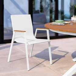 Sedia da esterno con braccioli effetto legno caramello in alluminio e textilene bianco - Carioca Wood