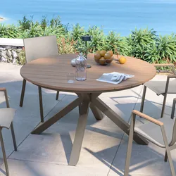 Tavolo rotondo 140 cm in alluminio tortora con top effetto legno miele - Carioca Wood