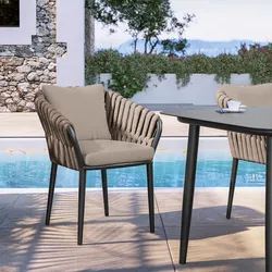 Poltrona da giardino in alluminio antracite e schienale in corda cappuccino con cuscini - Kyla