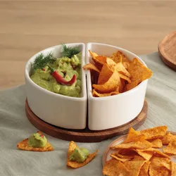 Set 3 accessori per aperitivo in ceramica bianco con vassoio in legno