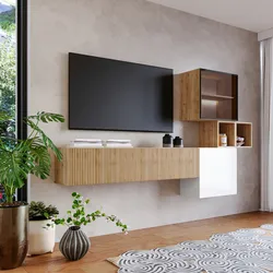 Parete attrezzata 220x128h cm bianco lucido e cadiz cannettato con vetrina - Clary