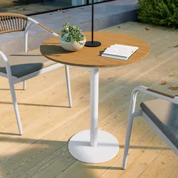 Tavolo da esterno rotondo 60 cm in acciaio off white e piano effetto legno naturale - Reagan