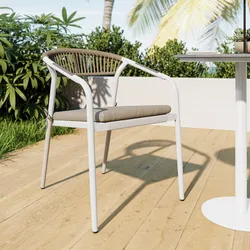 Sedia da esterno con braccioli effetto legno grigio chiaro in acciaio off white e corda tortora - Reagan