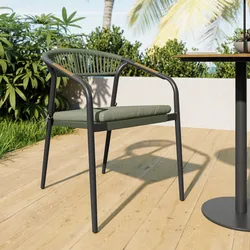 Sedia da esterno con braccioli effetto legno naturale in acciaio e corda verde oliva - Reagan