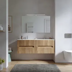 Mobile bagno sospeso 140 cm cannettato rovere acero con lavabo doppia vasca e specchio - Tayga