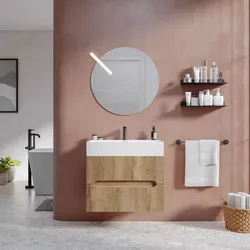 Mobile bagno sospeso 70 cm cannettato a due cassetti rovere acero con lavabo e specchio - Tayga