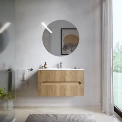 Mobile bagno sospeso 90 cm cannettato con cassetti rovere acero e lavabo con specchio - Tayga