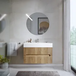 Mobile bagno sospeso 90 cm cannettato a due cassetti rovere acero con lavabo e specchio - Tayga