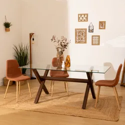 Tavolo 180x90 cm in acciaio effetto noce e top in vetro temperato - Leif