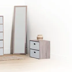 Comodino 50x40h cm effetto rovere naturale con 2 cassetti in tessuto bianco - Helga
