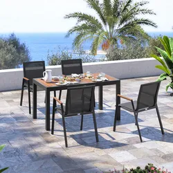 Set pranzo tavolo 140/210x77 cm top effetto legno caramello e 4 sedie in textilene e alluminio antracite - Carioca Wood