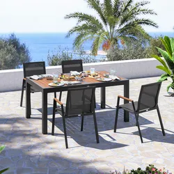Set pranzo tavolo 160/240x100 cm top effetto legno caramello e 4 sedie in textilene e alluminio antracite - Carioca Wood