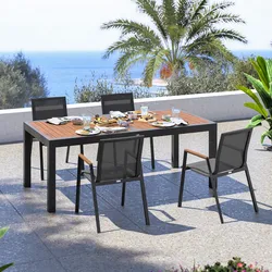 Set pranzo tavolo 200/300x100 cm top effetto legno caramello e 4 sedie in textilene e alluminio antracite - Carioca Wood