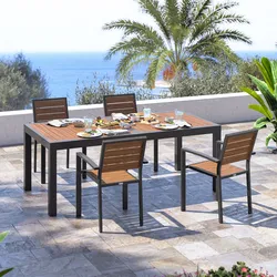 Set pranzo tavolo 200/300x100 cm top effetto legno caramello e 4 sedie con braccioli in alluminio antracite - Carioca Wood