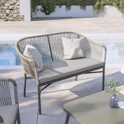 Divano due posti da giardino in alluminio e corda tortora con cuscini - Zelegant