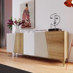 Madia 200x80h cm rovere cannettato e cashmere con 5 ante soft close e gambe in metallo oro - Quinara