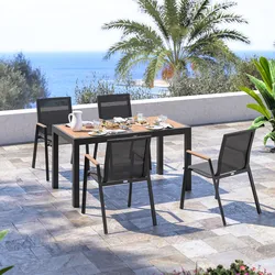 Set pranzo tavolo 140/210x77 cm top effetto legno miele e 4 sedie con braccioli in textilene antracite - Carioca Wood