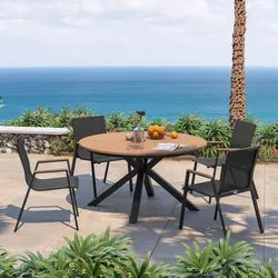 Set pranzo tavolo rotondo 120 cm top effetto legno miele e 4 sedie in textilene e alluminio antracite - Carioca Wood