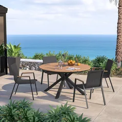 Set pranzo tavolo rotondo 140 cm top effetto legno miele e 4 sedie in textilene e alluminio antracite - Carioca Wood