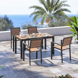 Set pranzo tavolo 140/210x77 cm top effetto legno miele e 4 sedie con braccioli in alluminio antracite - Carioca Wood