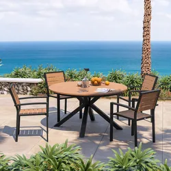 Set pranzo tavolo rotondo 120 cm top effetto legno miele e 4 sedie con braccioli in alluminio antracite - Carioca Wood