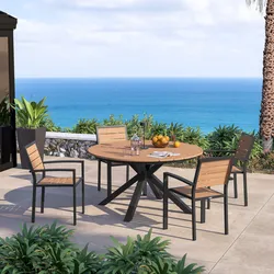 Set pranzo tavolo rotondo 140 cm top effetto legno miele e 4 sedie con braccioli in alluminio antracite - Carioca Wood