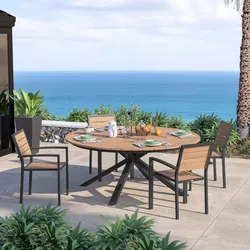 Set pranzo tavolo rotondo 180 cm top effetto legno miele e 4 sedie con braccioli in alluminio antracite - Carioca Wood