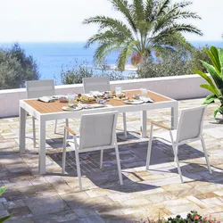 Set pranzo tavolo 200/300x100 cm top effetto legno miele e 4 sedie in textilene e alluminio bianco - Carioca Wood