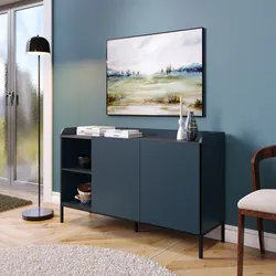 Madia 140x80h cm blu con 2 ante e 2 vani a giorno e gambe in metallo nero - Jewel
