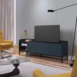 Mobile porta tv 160x55h cm blu con 3 ante e 2 vani a giorno e gambe in metallo nero - Jewel