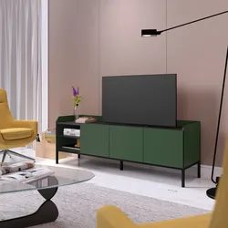 Mobile porta tv 160x55h cm verde con 3 ante e 2 vani a giorno e gambe in metallo nero - Jewel