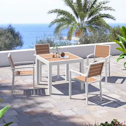 Set pranzo tavolo 90/180x90 cm top effetto legno miele e 4 sedie con braccioli in alluminio bianco - Carioca Wood
